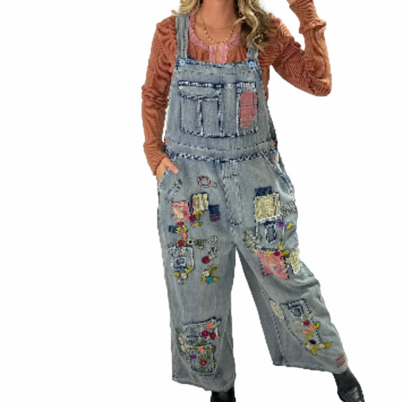 NWT Blue Velvet Wildflower Roads Embroidered Denim Overalls Size L Boho Vintage - Picture 16 of 16